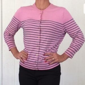 J Crew Jackie Cardigan Sweater Womens Small‎ Pink Blue Striped Anchor Buttons